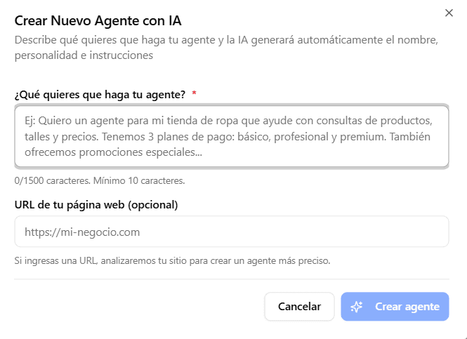 Crea agentes automáticamente con IA y URL de página web